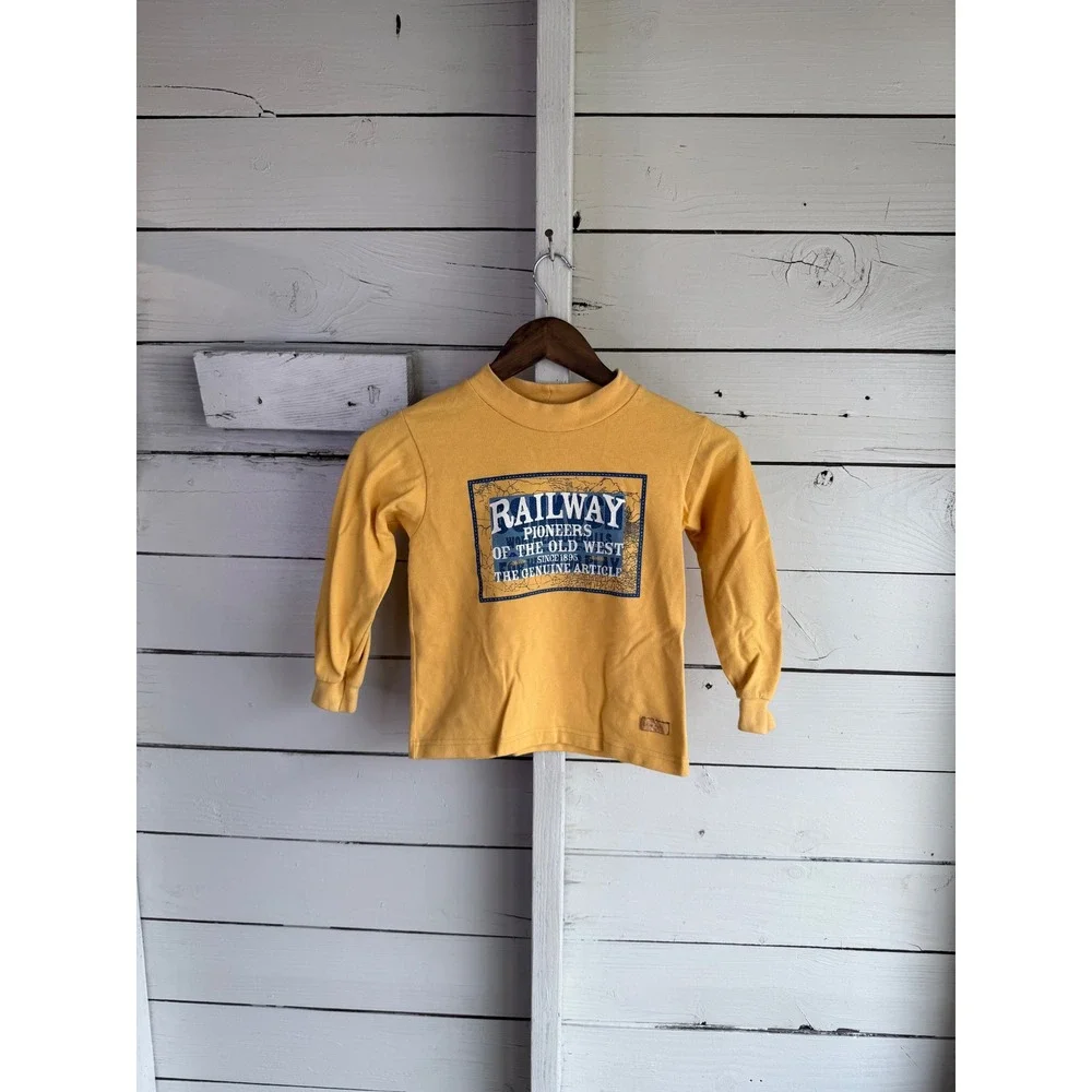 Vintage OshKosh Bgosh Kids Yellow Railway Pioneers Graphic Mock Neck Shirt USA S